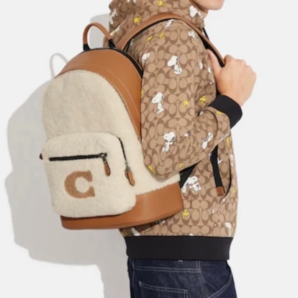 Coach Tan Shearling Motif West Backpack Bag CE437 Ginger Pebble Leather